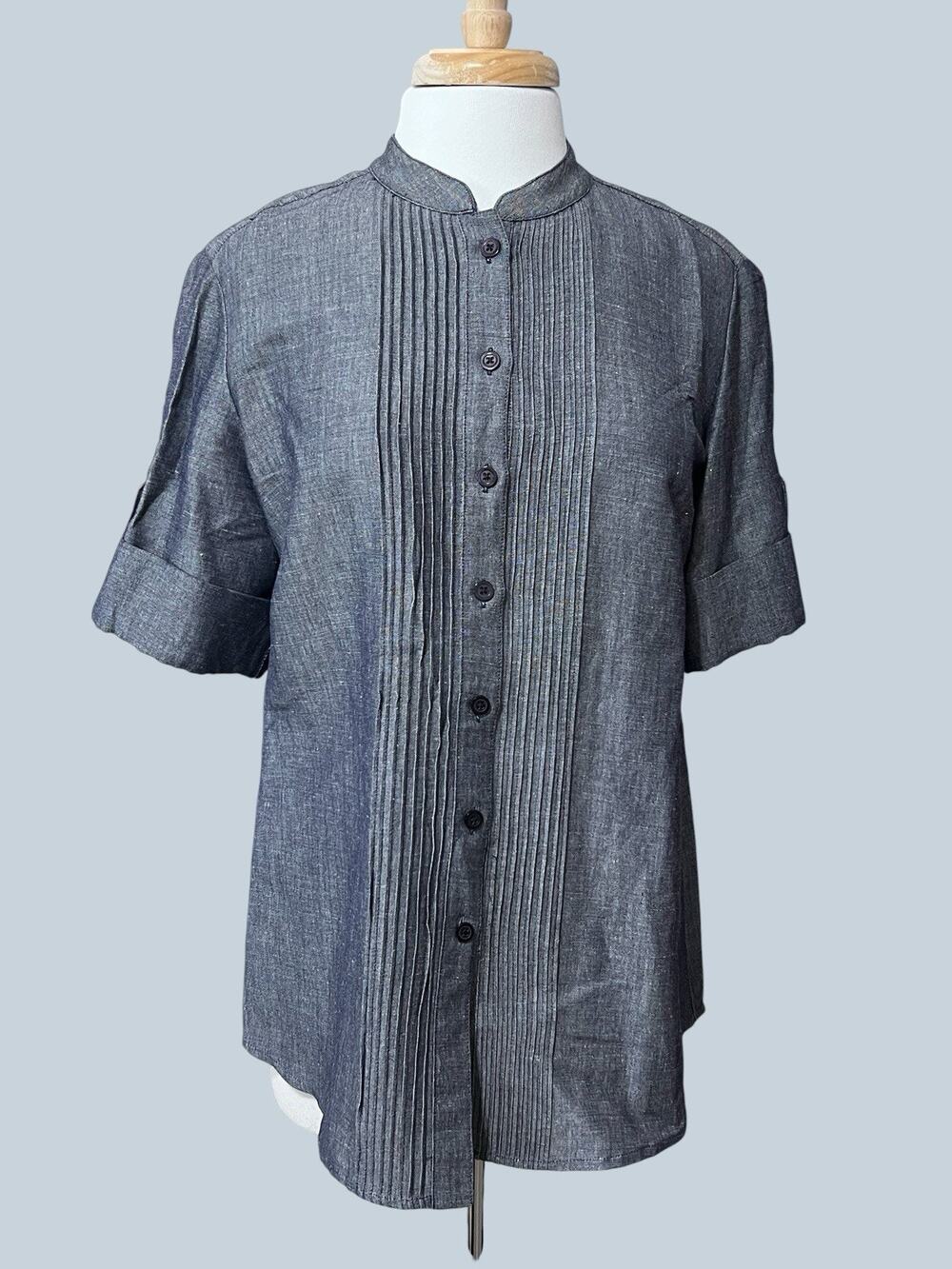 Kasper Womens 10 Heavy Denim Linen Blend Button Pintuck Shirt Roll Tab Sleeve
